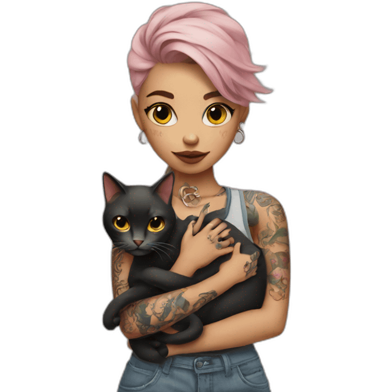 girl in tattoos with a cat in her arms emoji