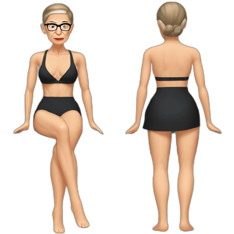 sexy ruth bader ginsburg wearing string bikini top and a skirt acting out that scene from basic instinct sitting facing forward legs apart(full body, ios17, sitting legs spread apart) emoji