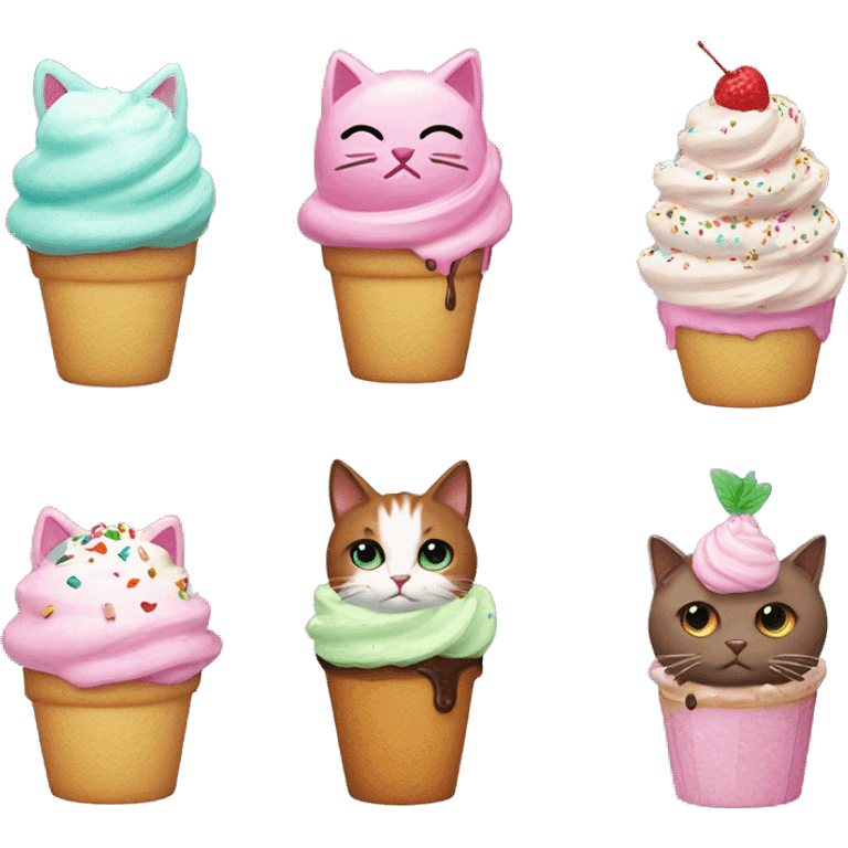 A pink cat with cpcake and sprinkles on it head and a brown cat wth mint ice cream on head emoji