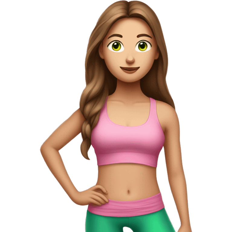 A girl with brown long hair, fair skin and green eyes stands tall in a yoga pose in a pink tank top and pink leggings emoji