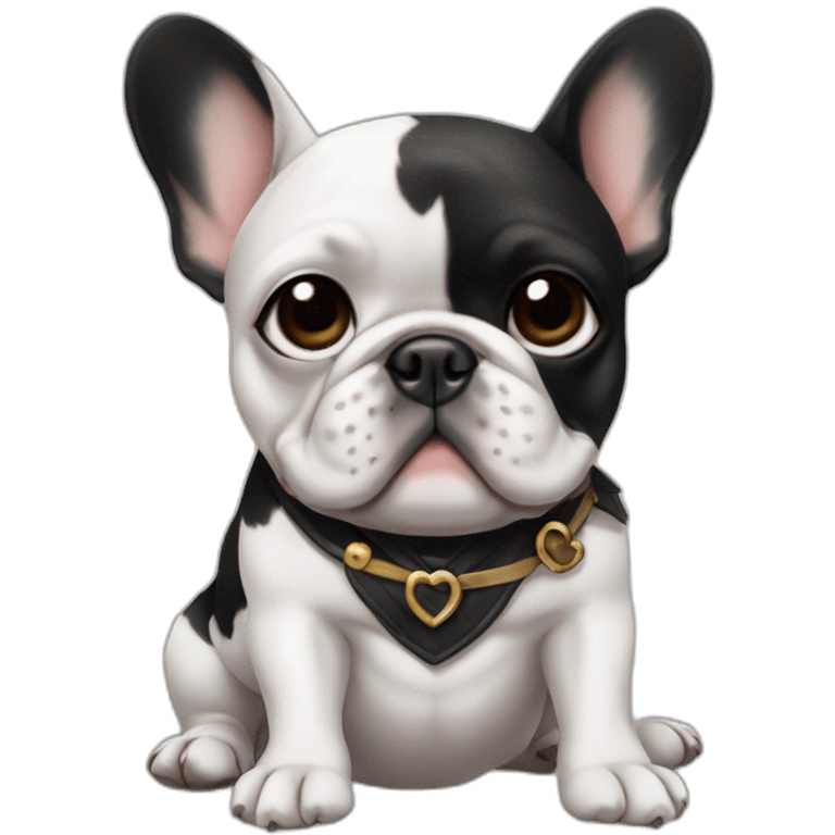 A french bulldog with black and white colors, one eye black, like a pirate, sitting on the ground, making a heart emoji emoji