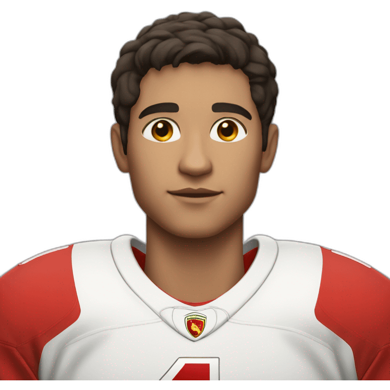 a young man with no beard and very short dark hair and brown eyes in a red ferrari jersey emoji