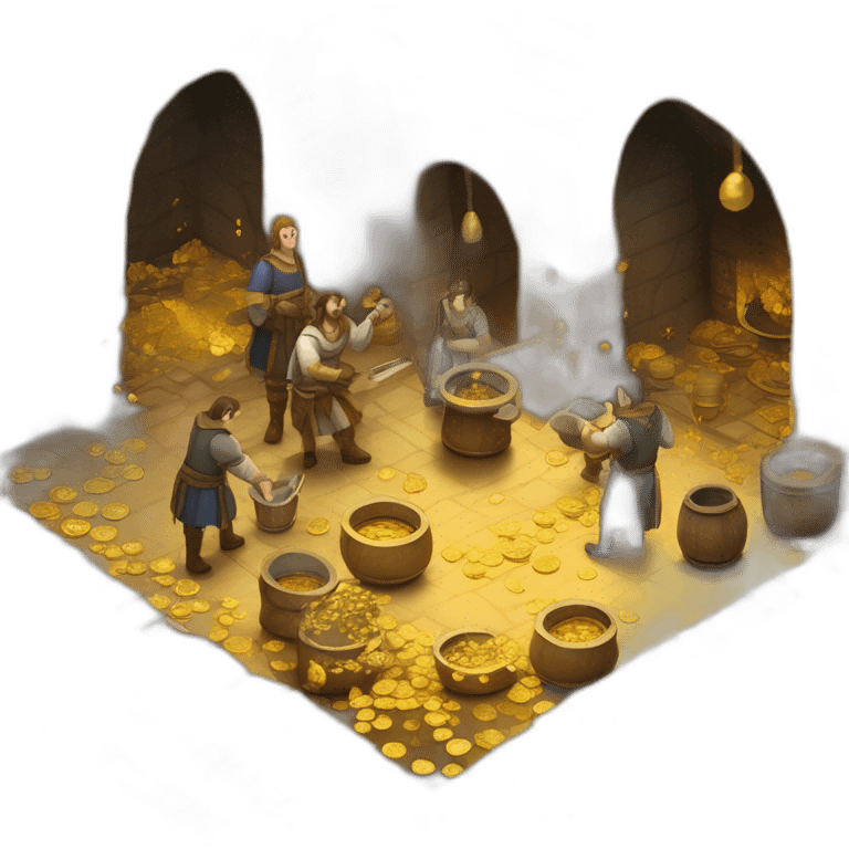 open floor plan of a medieval mint showing different people working, one person on the furnace, some people molding liquid gold into coins emoji