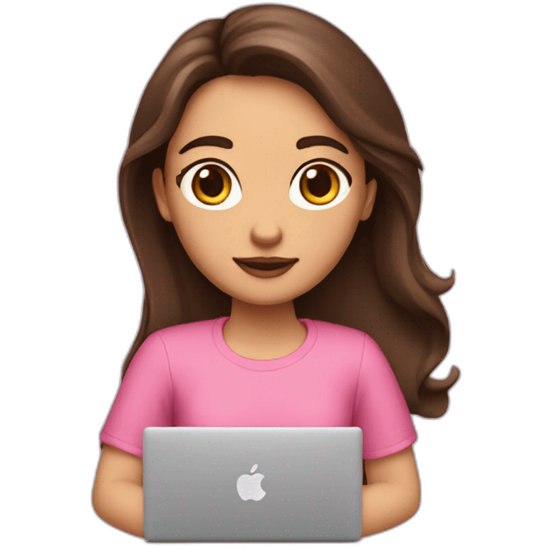 brunet smm girl with long hear and brown eyes with pink mac book emoji