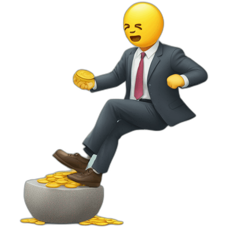 money trap concept, financial risk metaphor. businessman trying to reach a coin stuck with a stone tied to his feet emoji