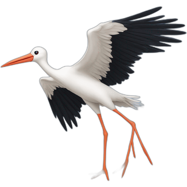  white stork with long legs and a long beak flying in the sky. The stork is carrying a blue bundle of cloth in its beak that has a cute baby face peeking out from it emoji