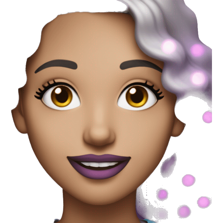 An adult white-skinned woman, with makeup, smiling, pink and purple sparkles of glitter on her face, blue eyes, wavy ombre hair, ring earrings, black T-shirt. emoji