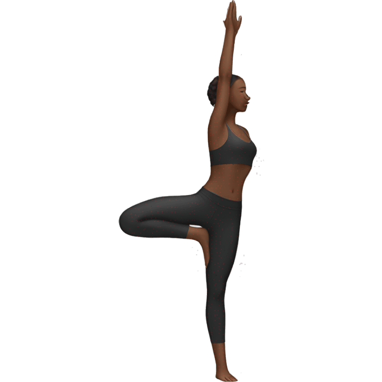 Yoga pose standing on one leg with other in air with arms in a binding in front of chest emoji