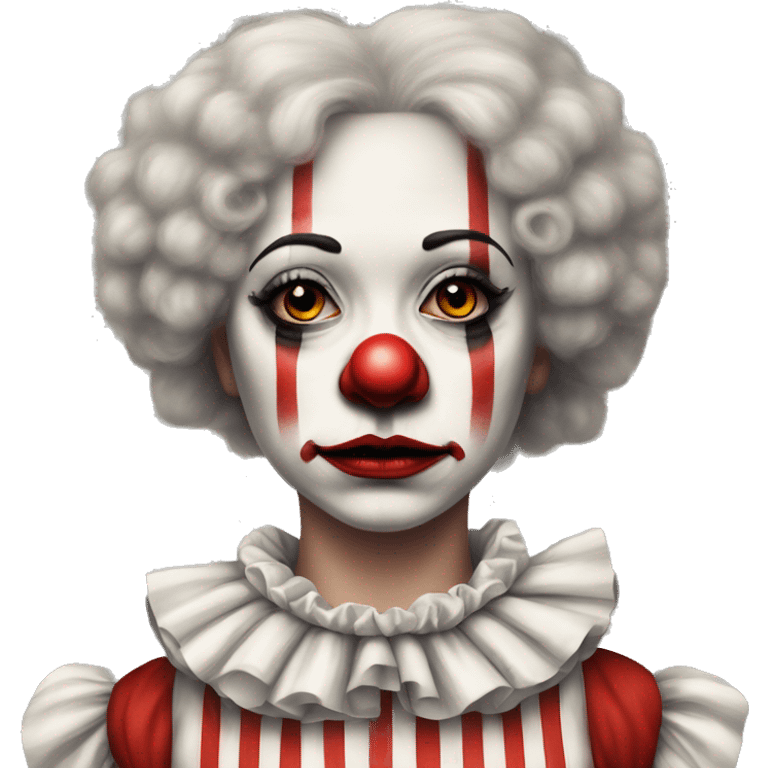 Sad Old fashioned girl clown in fluffy collar with clown makeup in a white and red striped clown outfit  emoji