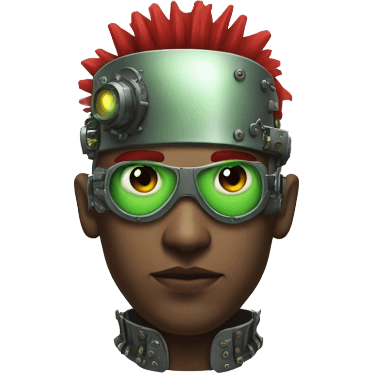 Male cyborg with thin red Mohawk and green steampunk goggles emoji