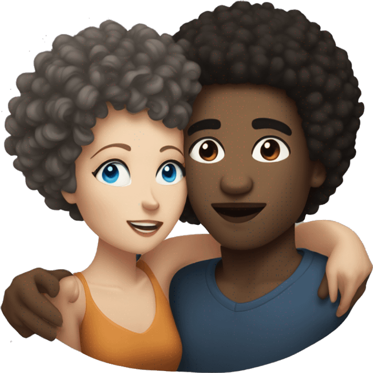 Black man with short Afro, kissing a brunette white woman with blue eyes emoji