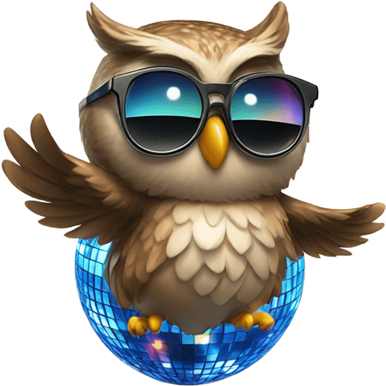 An owl in trendy sunglasses dancing under a disco ball, looking happy. emoji