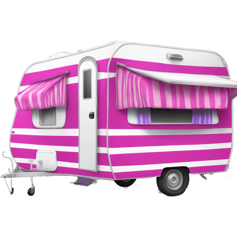 Realistic Hot pink and white outdoors camper trailer on wheels with purple curtains in windows ,a pink and purple striped awning rolled out on top of camper. emoji