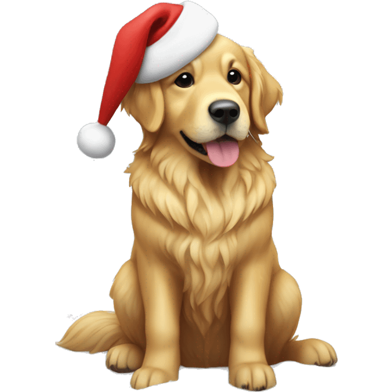 Golden retriever with a Santa hat on, sat in snow  emoji