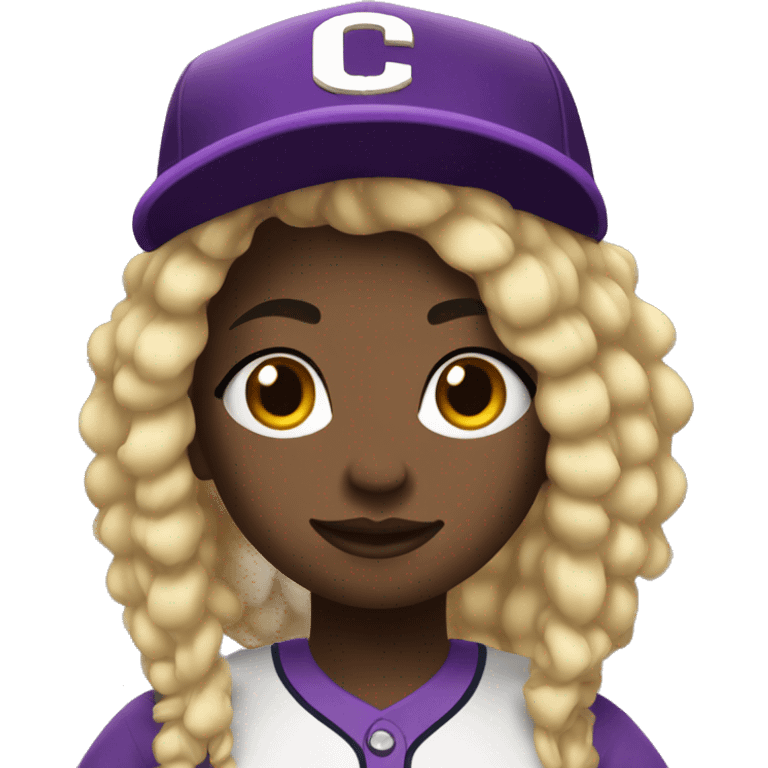 baseball card character. black girl. blonde locs. letter C logo. Purple and white uniform.  emoji