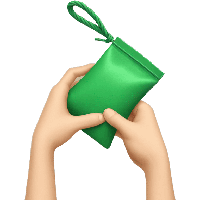 hand holding up a green pouch that is tied with brown string emoji