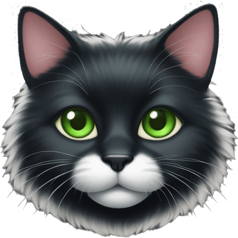 Fluffy black cat with white chest and green eye emoji