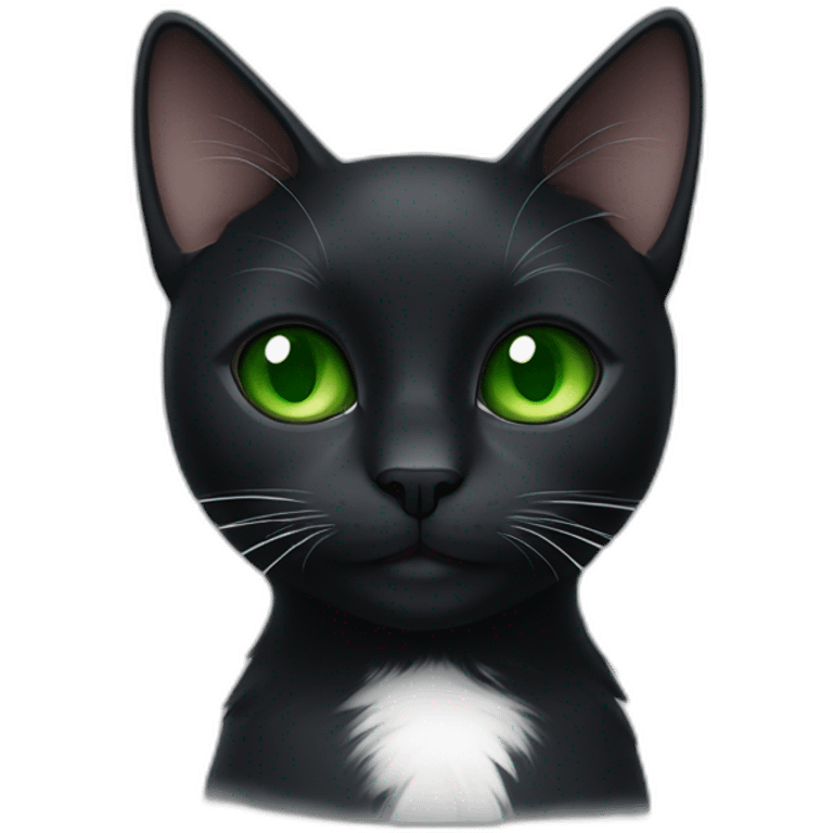 A black cat with green eyes with a white mustache, with a thin white stripe on the nose on the right side, with a full-length white breast and white paws emoji