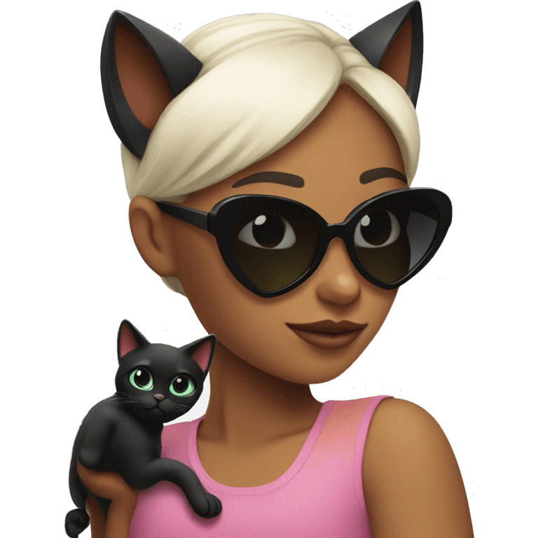 Girl in heart shaped sunglasses looking at black cat with sunglasses emoji