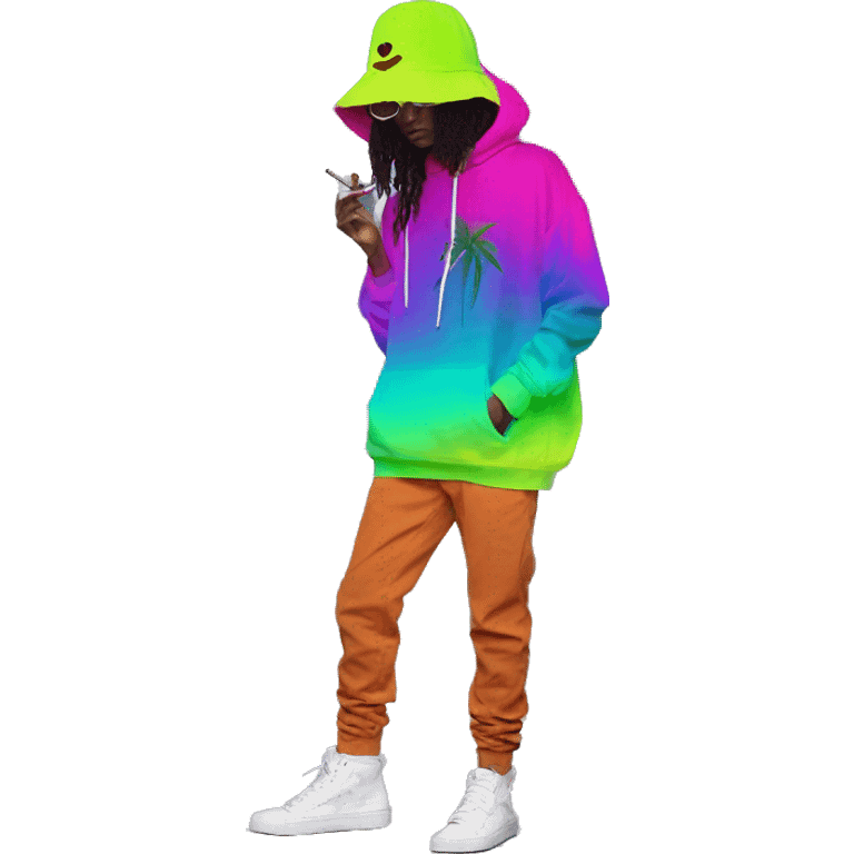 Hemp leaves Multicoloured neon person smoking wearing hoodie dancing hip hop bucket hat tropical Skater fashion aesthetic baggy clothes graphic t shirt 420 emoji