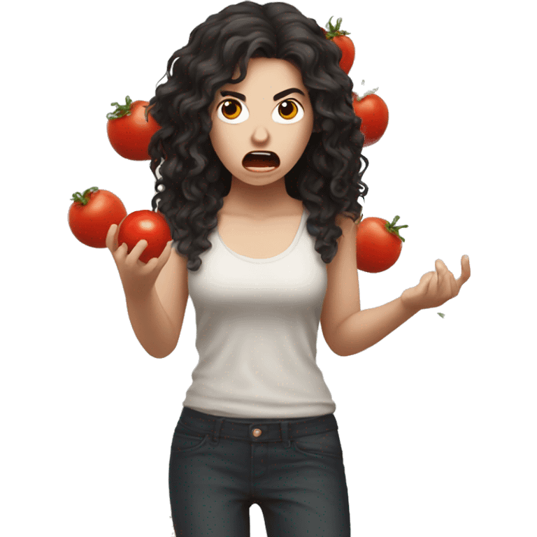 angry pale girl dark long curly hair throwing tomato  emoji