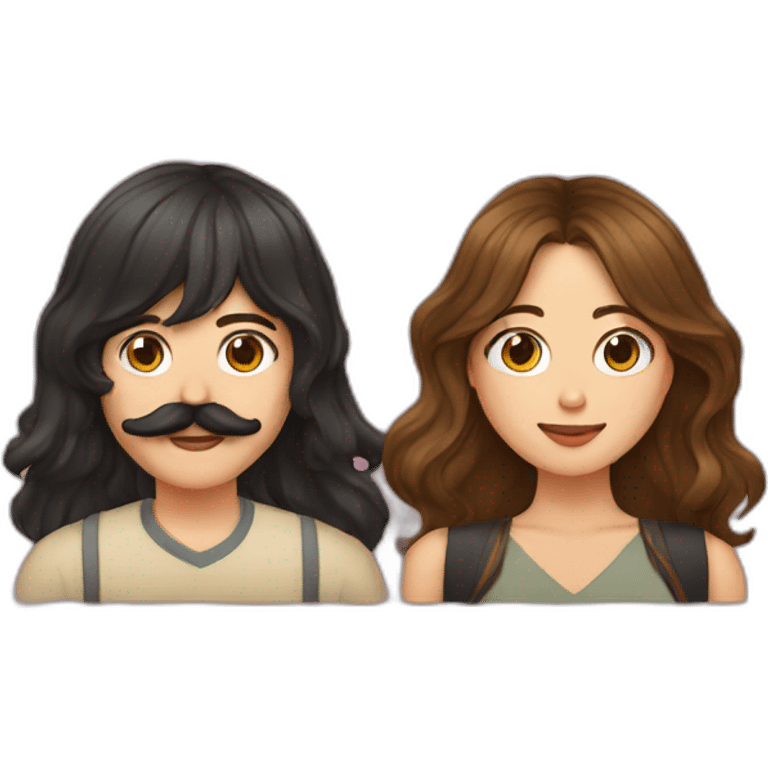 Guy with mustache and brown hair and girl with brown hair and curtain bangs kissing  emoji