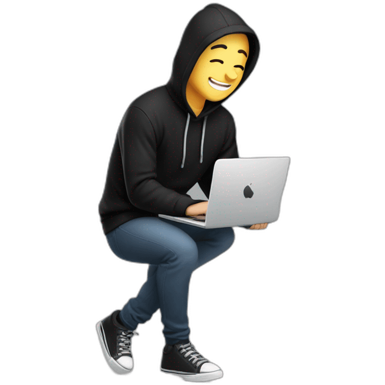 eyes-closed-laughing-male-with-regular-skin-and-blue-eyes-wearing-black-beanie-and-black-hoodie-and-holding-a-laptop-not-full-body-shot emoji