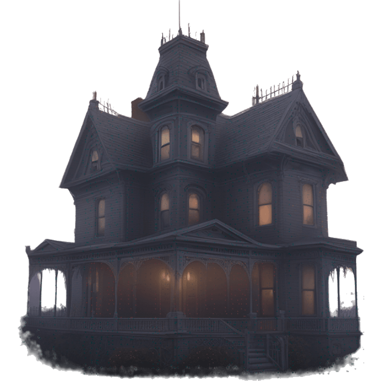 Wide view, A very roomy ramshackle Victorian Addams mansion looms through light fog at dusk  emoji