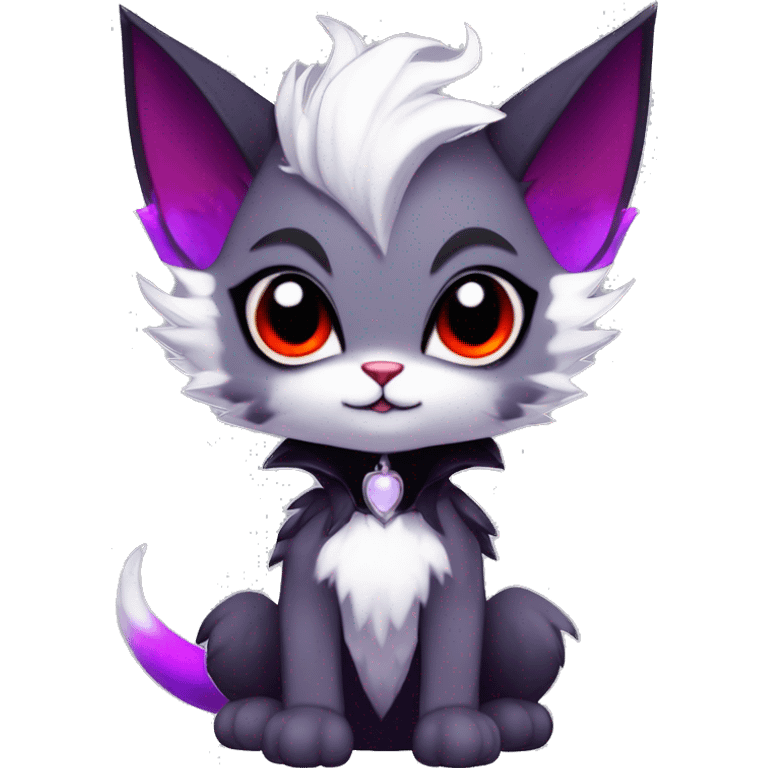 Anthro-Cute-Edgy-Vampiric-Batty-Cat-Black-Purple-Red-Grey-White-Contrast-Colors-Fantasy-Fur-Sona-Chibi-Shiny-Fakémon-Hybrid with horns full body emoji