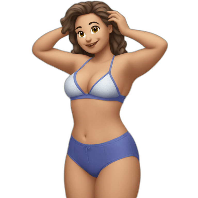 Slim-thicc Caucasian woman small panties hands-in-hair pose (beach body) full body emoji