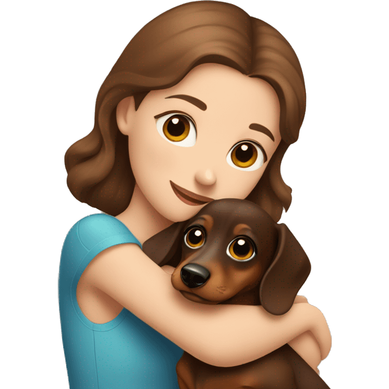 Girl with Brown Hair and blue eyes hugging a brown baby dachshund  emoji