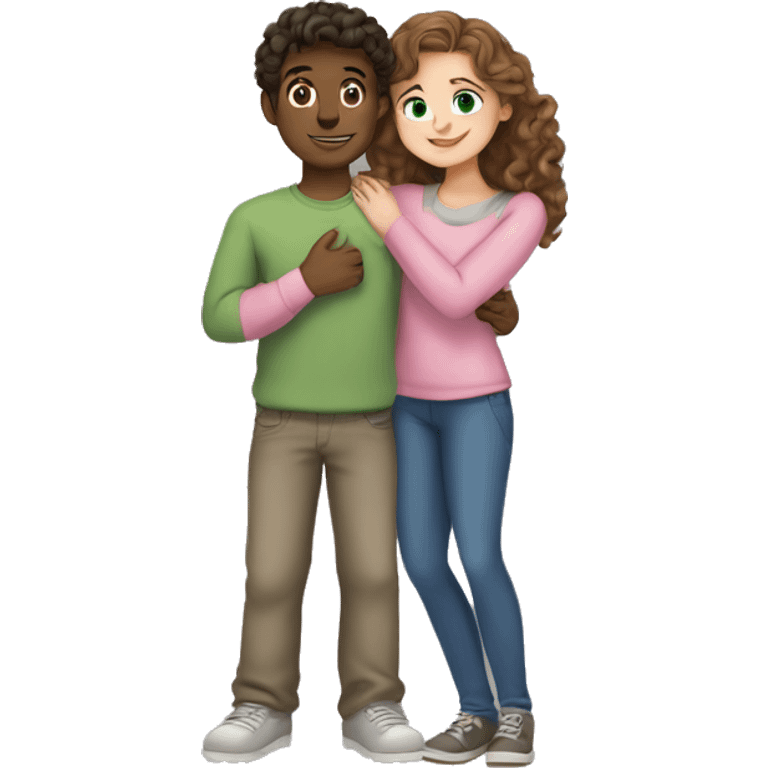 A young man with fair skin, dark hair, green eyes in a gray jumper, hugs a girl with fair skin, brown hair with curls, blue eyes in a pink blouse emoji