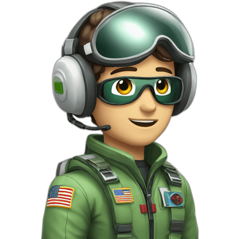 A young white man with dark brown hair and brown eyes in a pilot suit and wearing a green Pilot headset emoji