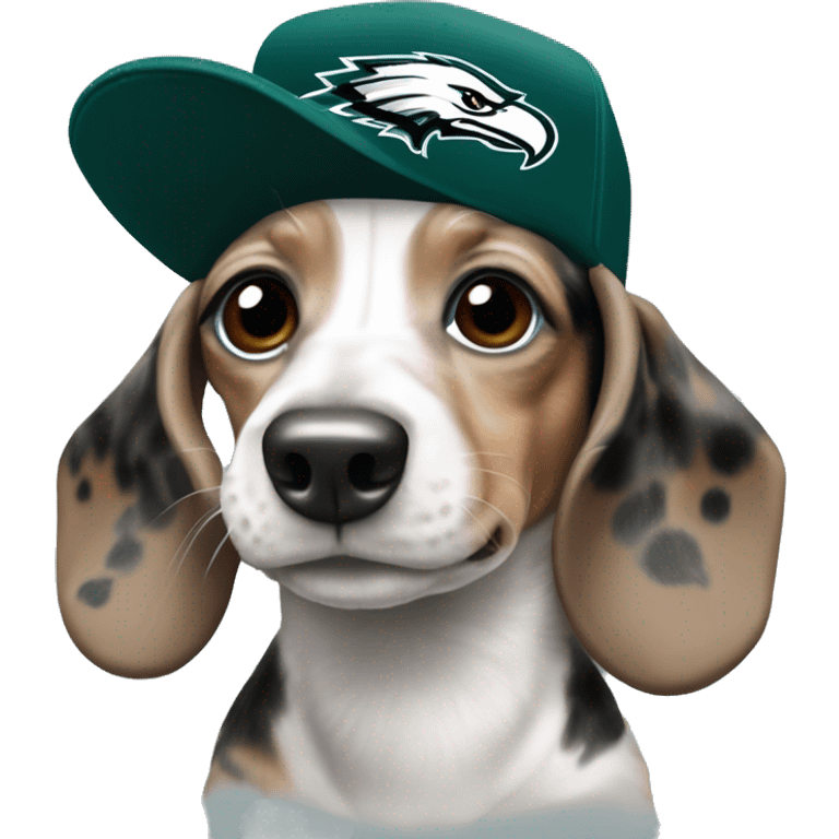 Miniature Tri Merle Dachshund wearing Philadelphia Eagles Hat with C on Jersey emoji