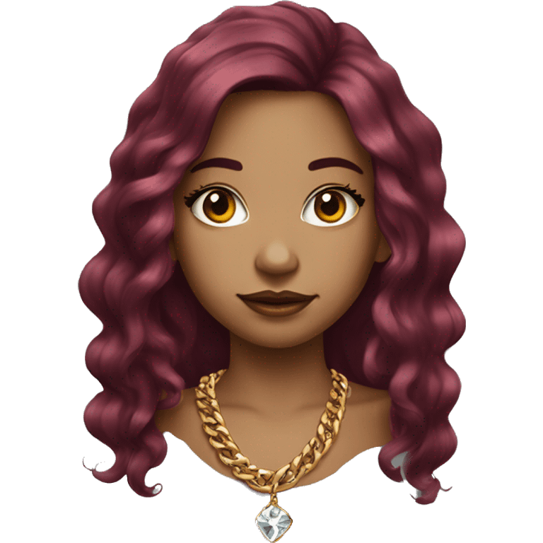 Girl with long burgundy hair, long eyelashes and has tattoos. She is wearing a gold chain necklace and diamond earrings  emoji