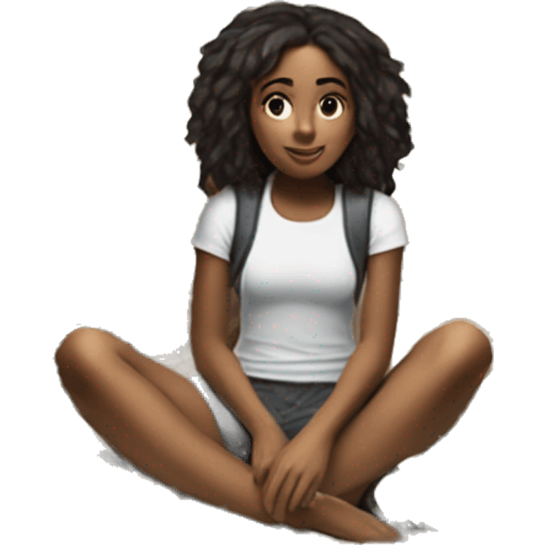 girl sitting on top of a "junk pile" but the junk pile is actually desirable items like books, clothing, tickets, things representative of art and culture... emoji