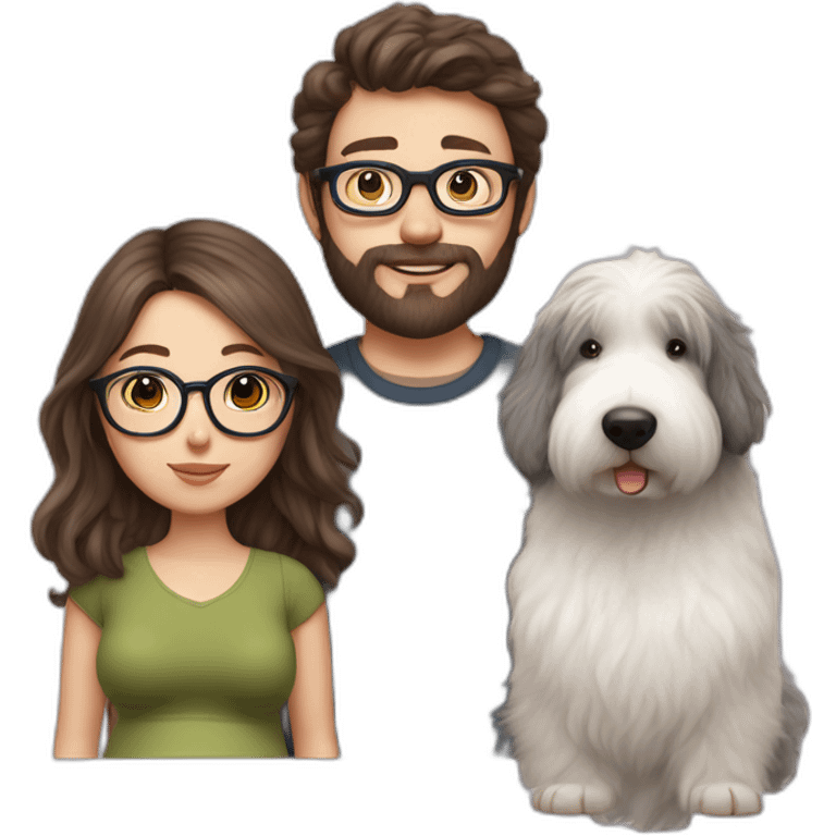 Hyperrealist pregnant girl with half long brown hair with glasses, a boy with long beard, glasses and short hair and english sheepdog emoji