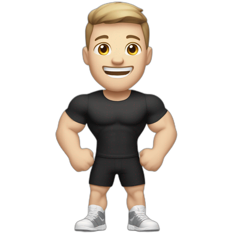 Joyful Celebrating victory Pale skinned Fit Man With the biceps and dark brown hair in black shirt, gray sports shorts and white Sneakers emoji