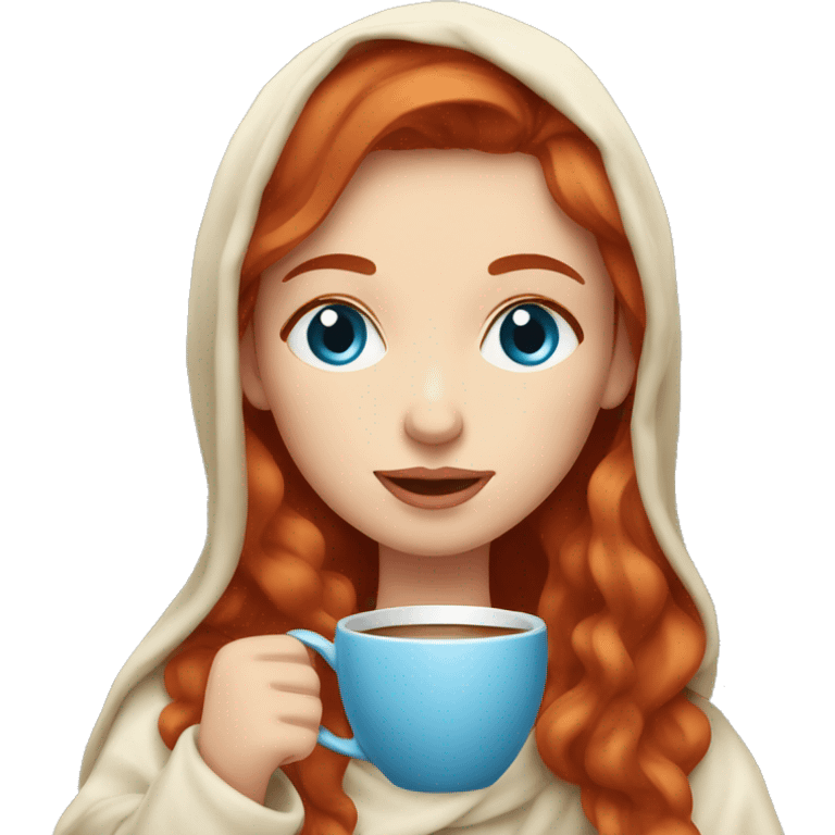 Red head girl with blue eyes in a cream blanket sipping coffee emoji