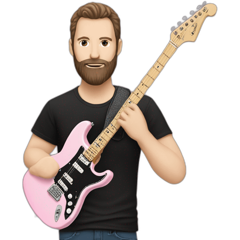 white man with dark beard and black t shirt and pastel pink stratocaster electric guitar emoji