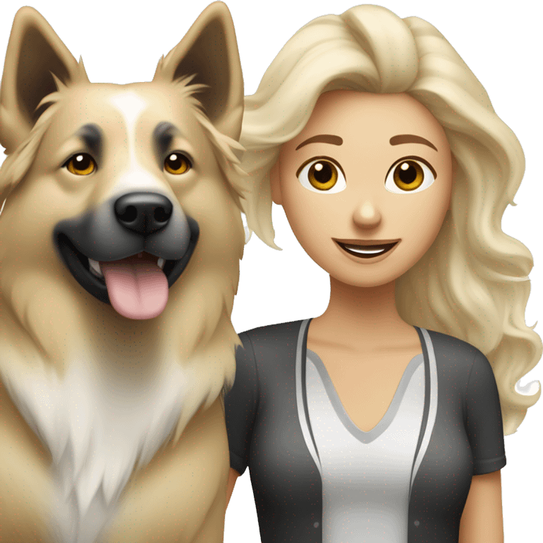 Blond woman near a Australien Shepherd dog Colored Black and white  emoji