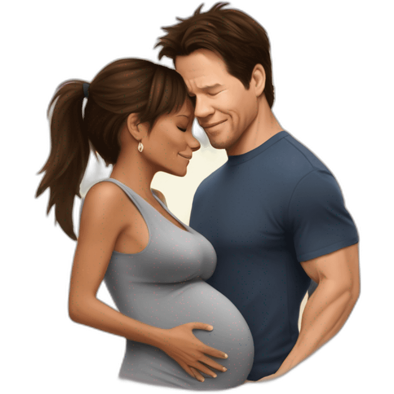 Pregnant mark Wahlberg being hugged by non pregnant Halle berry emoji