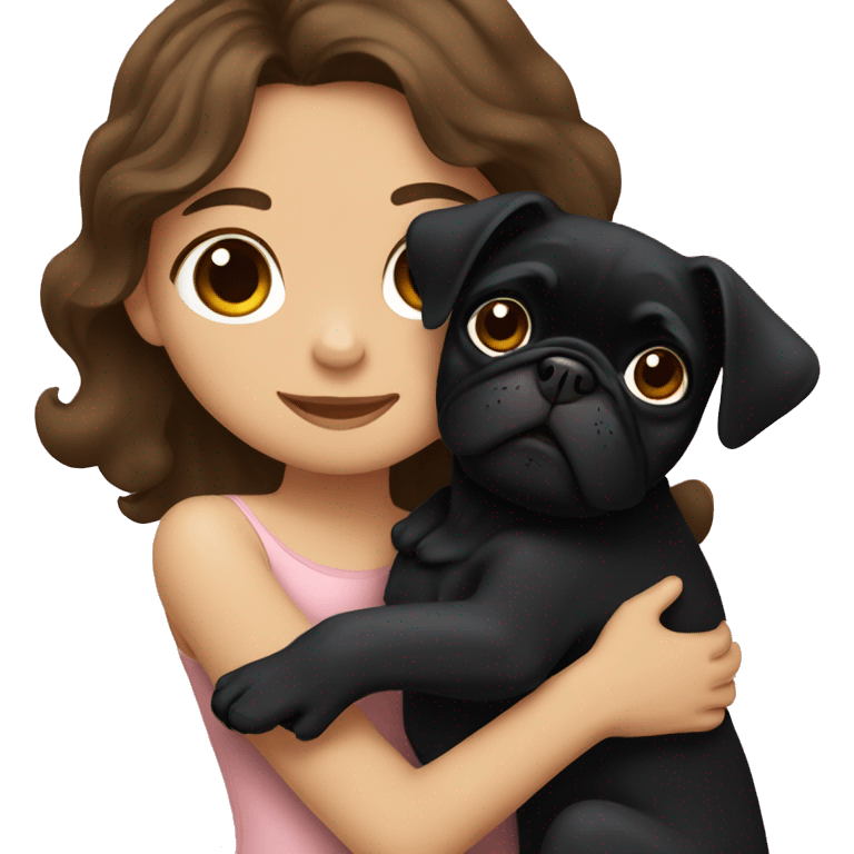 A girl with wavy brown hair hugging a black pug emoji