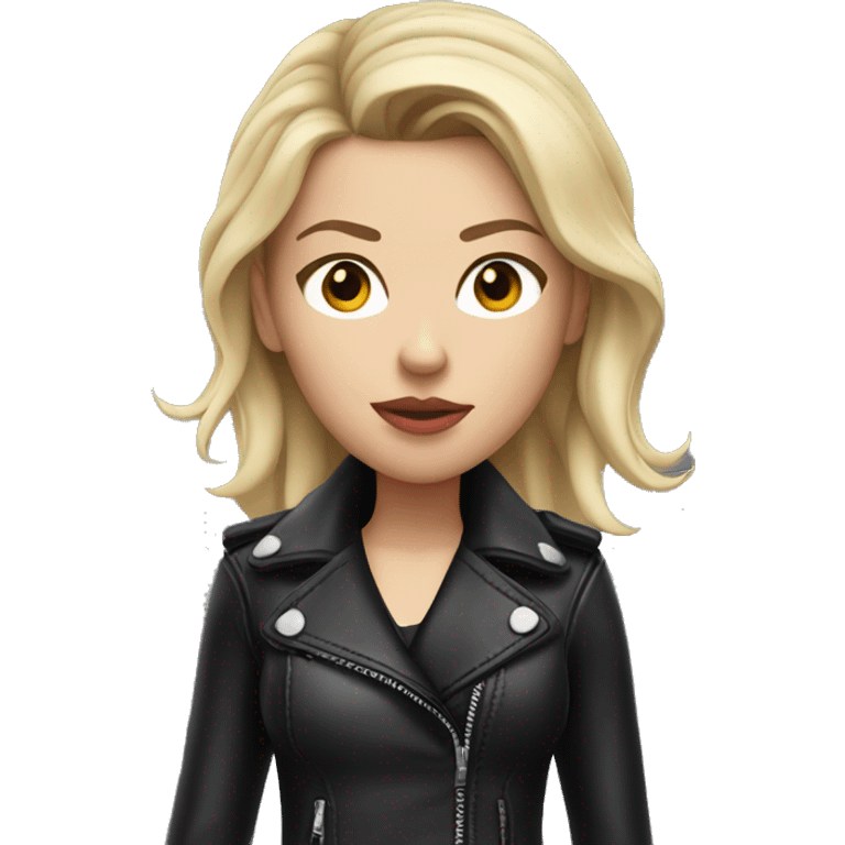 blonde Scarlett Johansson in black leather jacket pointing forward emoji