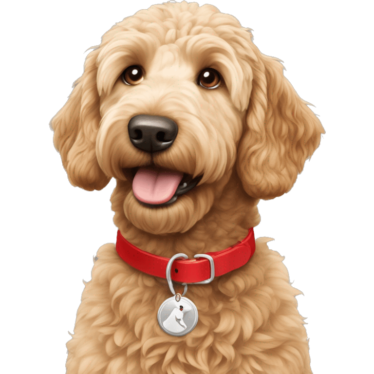 light brown golden doodle wearing a red collar with silver tag emoji