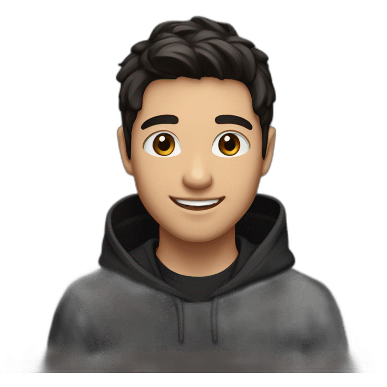 A cheerful young male digital avatar with medium skin, large brown eyes, black slicked-back hair, a bright smile, and a mole on the left cheek, wearing a black hoodie. emoji