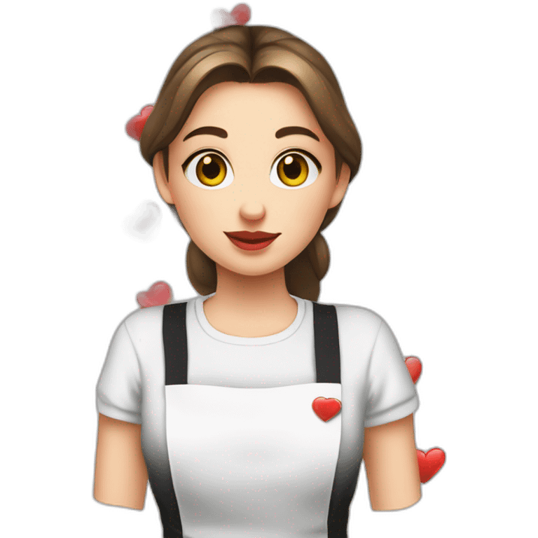 Slavic girl in a white T-shirt and a black apron sends a kiss with a heart emoji