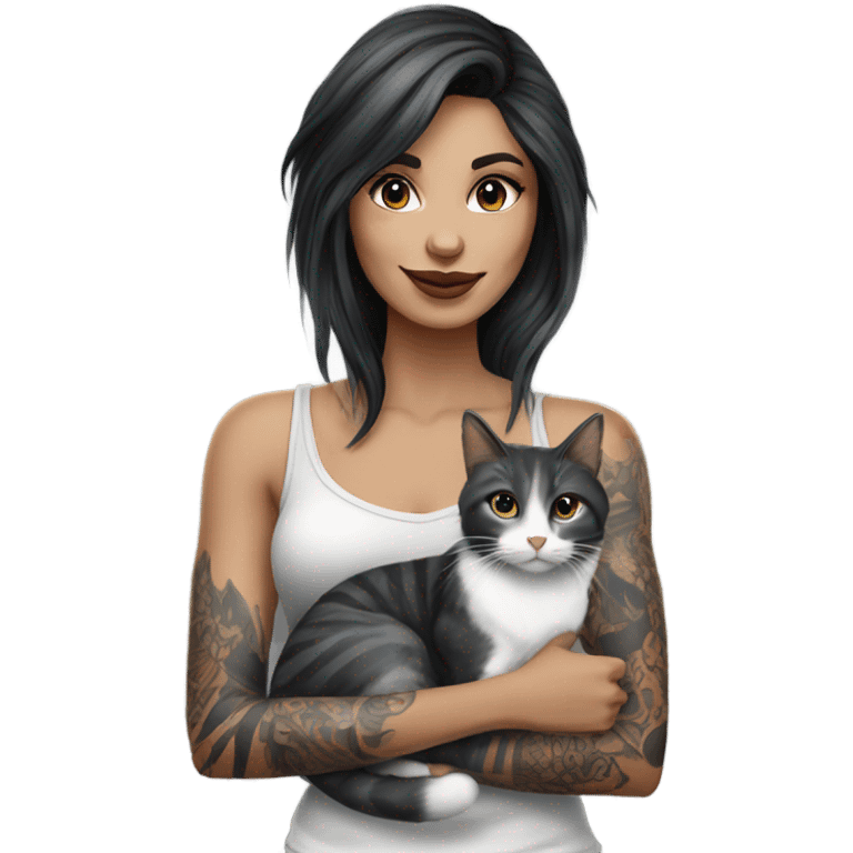 Beautiful dark haired tattooed woman holding gray and white stripe long haired cat emoji