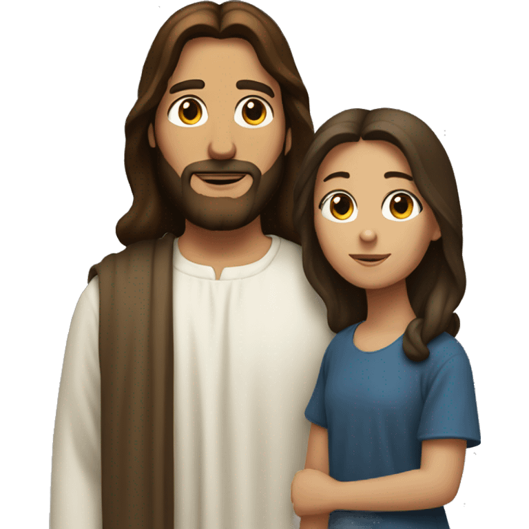 brunette girl standing next to jesus emoji