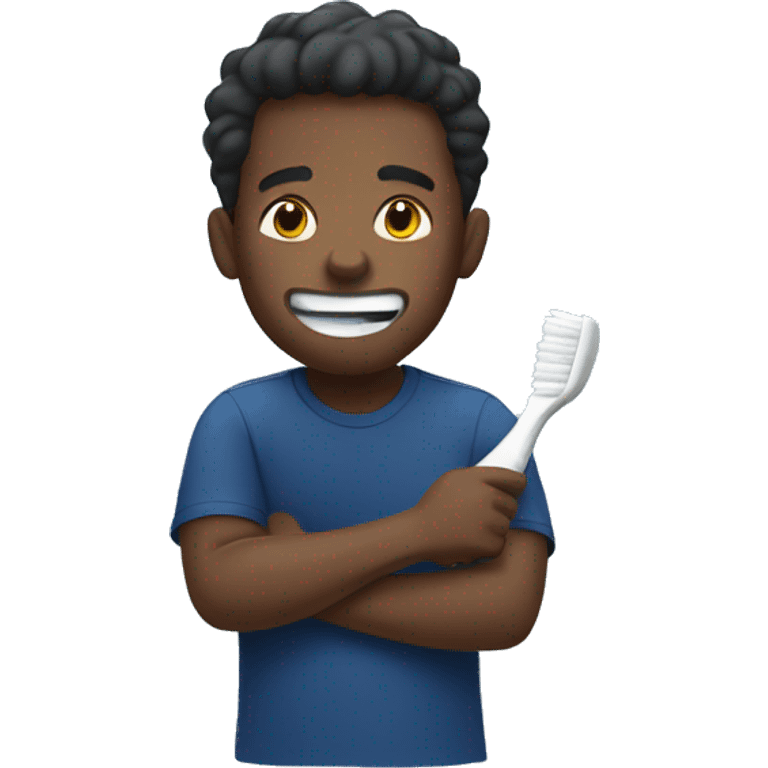 black guy wearing dark blue t-shirt brushing teeth emoji